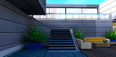 Staircase to the compact terrace with glass fence. White curtains behind large windows. 3d rendering.の写真素材