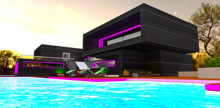 Purple LED illumination of the facade elements of the private contemporary estate with own large pool at night. 3d rendering.の写真素材
