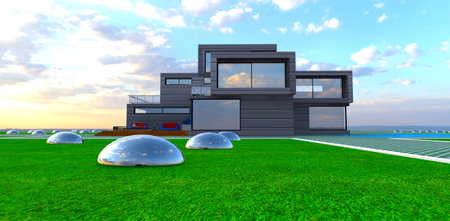 Nice compact cottage with large panoramic windows. Steel spheres reflecting cloudy sky on the lawn. 3d rendering.の写真素材