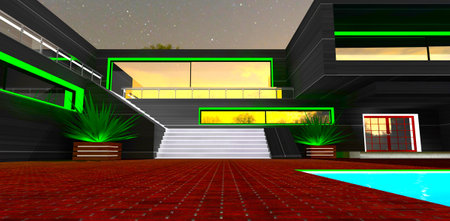Wide staircase with white illuminated steps. Reflection of the sunset sky in large mirror window. 3d rendering.の写真素材