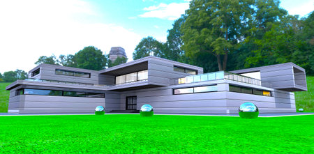 Well-groomed green lawn on the territory of the contemporary dwelling. Steel reflective balls on the grass as a decor. 3d rendering.の写真素材