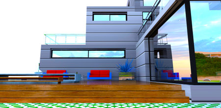 Two comfortable sofas in the relax zone in the yard of the compact suburban dwelling. Reflection of the town in the corner window. 3d rendering.の写真素材