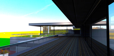 View from decked spacious terrace of the modern suburban house to the distant field with wind turbines. 3d rendering.の写真素材