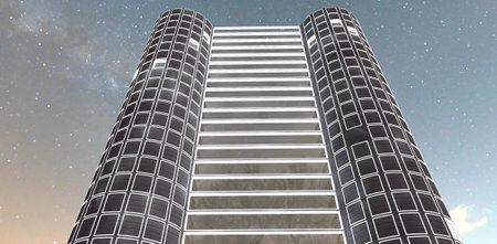 White glowing facade elements of the newly built modern skyscraper. Beautiful starry night. 3d rendering.の写真素材