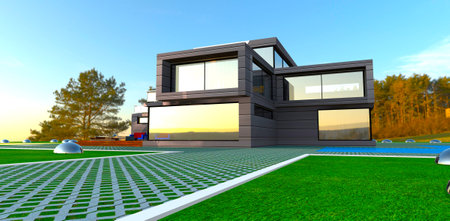 Wonderful autumn forest behind the suburban cottage recently built according to a trend design. 3d...