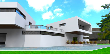 Corner window on white facade under the fenced terrace of the contemporary villa. Much plants on the porch. 3d rendering.の写真素材