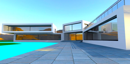 Area paved with massive concrete slabs in the yard of the eco-friendly mansion located in the sunny mountains. 3d rendering.の写真素材