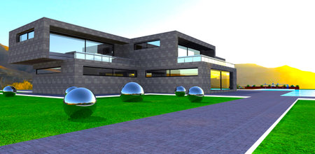 beautiful sunrise. Concrete paved walkway with white glowing borders near the contemporary dwelling constructed in the mountains. 3d rendering.の写真素材
