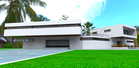Backyard of contemporary suburban mansion located in tropical region. Entrance to a garage and porch, Big palm on the background. 3d rendering.の写真素材