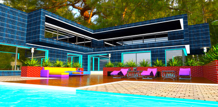 Advanced private house in a dense pine forest. Relax area near the pool. Day facade illumination. 3d rendering.の写真素材