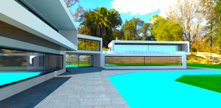 Contemporary hotel recently built in tropical park. Exit from building to the pool. 3d rendering.の写真素材