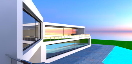 Contemporary minimalist real estate. White facade and large panoramic windows with spacious terrace. 3d rendering.の写真素材