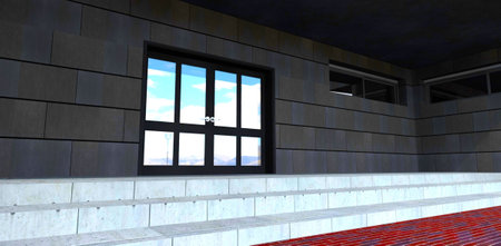 Long concrete steps of the modern porch. Walls finished with massive stone plates. swing entry door. 3d rendering.の写真素材