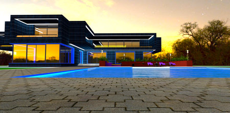 Blue water of the illuminated swimming pool on the territory of the advanced private mansion. 3d rendering.の写真素材