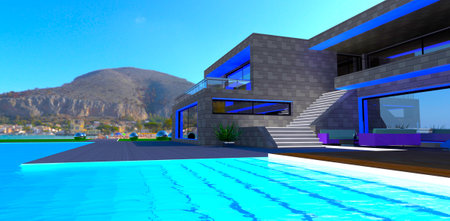 Exit from a glowing pool to the advanced beach house. mountain village on the background. 3d rendering.の写真素材