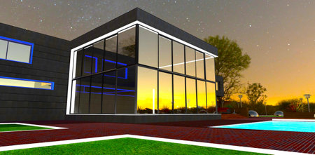 Catching eye view of the modern suburban mansion at night. Reflection of the beautiful sunset in glass facade. 3d rendering.の写真素材