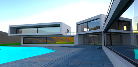 Huge panoramic windows in modern housing construction. Looks good and makes the building energy efficient. 3d rendering.の写真素材