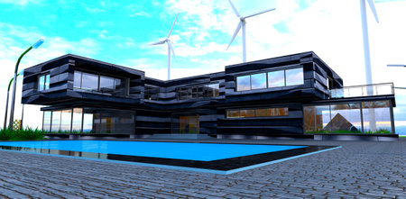 Exclusive design of the contemporary house. Trendy stone finishing materials. wind turbine on the background. 3d rendering.の写真素材