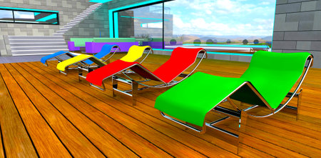 Four sun loungers of different color on the wooden floor in the yard of the eco-friendly country house. Clouds reflected in panoramic window. 3d rendering.の写真素材