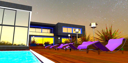 Purple sun loungers on the wooden floor near the swimming pool in front of the glass facade of the advanced house. 3d rendering.の写真素材