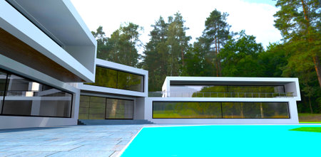 Eco-friendly house with swimming pool located in the dense forest far from the city. 3d rendering.の写真素材