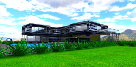 High mountains behind private country dwelling finished with unique eco material looking like a stone. 3d rendering.の写真素材