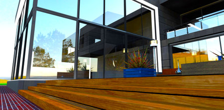Wooden steps of the cozy rest. Glass reflective facade. Comfortable place for family relax. 3d rendering.の写真素材