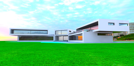 Innovative design of advanced high-tech house looking like an eagle. Large green lawn. Old low rise buildings on the background. 3d rendering.の写真素材