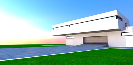 Lifting metal gate of the contemporary suburban mansion with white plaster facade against the bright sunny sky. 3d rendering.の写真素材
