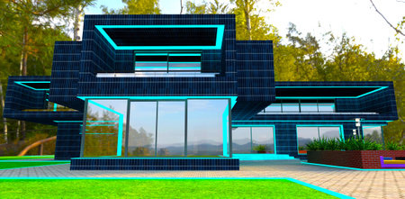 New country cottage finished with solar panels located in a distant forest. good environmental decision. 3d rendering.の写真素材
