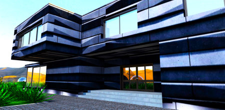 Rear entry to a contemporary country mansion with exterior finished with unique 3d stone material. 3d rendering.の写真素材