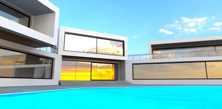Look from the pool surface to the entry of the contemporary hotel. glass door and concrete steps. 3d rendering.の写真素材