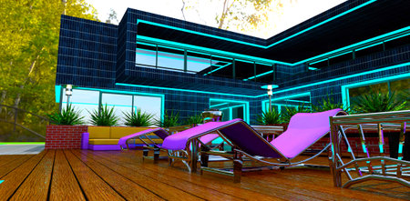 Purple sun loungers on the decked floor in a relax zone in the beautiful autumn forest. 3d rendering.の写真素材