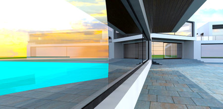 Long panoramic window reflecting pool on the territory of modern mansion. Concrete slabs pavement looks good with white exterior. 3d render..の写真素材
