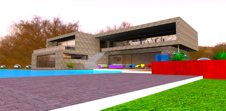 Modern country house finished with trendy metal panels. Blue pool on the territory. Autumn landscape on the background. 3d render,の写真素材