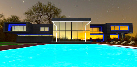 Seldom starry night above the eco-friendly real estate. Sun loungers along the pool. 3d rendering.の写真素材