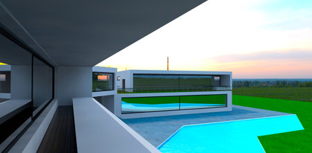Long narrow balcony of the country estate. Blue pool below. Green forest on the background. 3d rendering.の写真素材