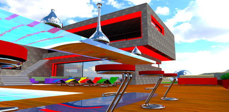 Steel bar chairs on the deck. Different colors sun loungers near the pool in front of the suburban contemporary dwelling. 3d rendering.の写真素材