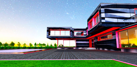Red glowing elements of the modern cottage facade at night. Innovative design of stone finishing material. 3d rendering.の写真素材