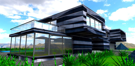 Seldom suburban house with stone finishing. Sunny cloudy sky above the mountains landscape. 3d rendering.の写真素材