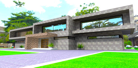Trendy steel panels as finishing materials for the walls of the contemporary country mansion. 3d rendering.の写真素材