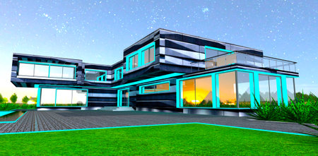 Turquoise night illumination of the unique private house mansion with innovative stone facade. 3d rendering.の写真素材