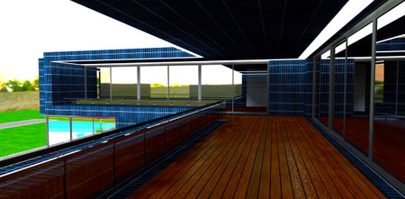 Spacious balcony with wooden floor and big windows reflecting beautiful night landscape. 3d rendering.の写真素材
