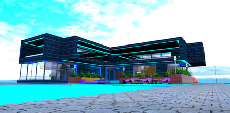Private smart cottage with swimming pool. Concrete tile pavement. Blue and turquoise LED stripes on facade. 3d rendering.の写真素材