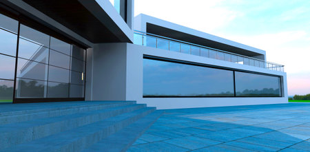 Stone steps of the porch staircase. Glass sliding door reflecting the environment. 3d rendering.の写真素材