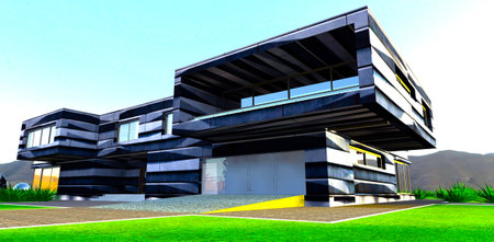 Unique design of the contemporary suburban house finished with trendy walls material looking like a stone. 3d rendering.の写真素材