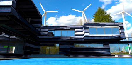 View from the pool to the exit from the contemporary suburban cottage with 3d panels finishing. 3d rendering.の写真素材