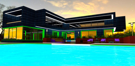 Wonderful blue glowing surface of the swimming pool in front of the private eco-friendly-cottage against the night sky. 3d rendering.の写真素材