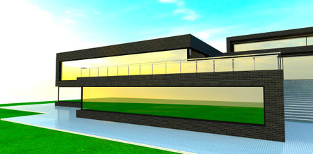 advanced property. Black brick tile with large windows. Glass balustrade above as fence of roof terrace. 3d rendering.の写真素材
