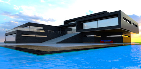 Amazing view of the unique mansion finished with black brick tile. Small waves on the blue pool surface. 3d rendering.の写真素材